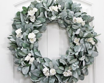 Lamb's Ear and Mini White Roses Wreath, Modern Farmhouse Wreath, Year Round Wreath for Front Door, Lamb's Ear Wreath with White Flowers