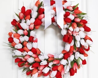 Red and Coral Tulip Wreath, Spring Tulip Wreath, Summer Tulip Wreath, Wreath for Front Door, Red Flower Wreath, Spring Decor, Summer Decor