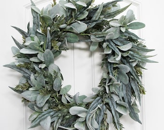Year Round Greenery Wreath with Lamb's Ear Eucalyptus and Ruscus, Neutral Modern Farmhouse Wreath for Front Door, Contemporary Wreath