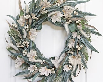 Eucalyptus Bunny Tail and Berries Wreath, Fall Wreath for Front Door, Modern Farmhouse Wreath, Neutral Handmade Wreath Gift, Autumn Wreath