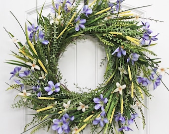 Wildflower Spring Summer Wreath for Front Door, Every Day Wreath with Purple Yellow White Flowers, Modern Farmhouse Wreath, Floral Wreath