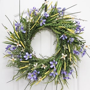 Wildflower Spring Summer Wreath for Front Door, Every Day Wreath with Purple Yellow White Flowers, Modern Farmhouse Wreath, Floral Wreath