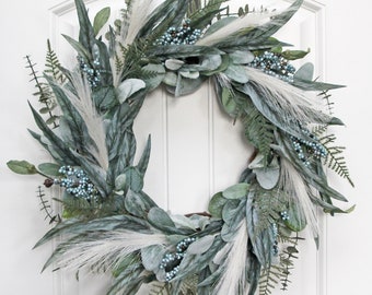 Wispy Modern Boho Wreath for Front Door, Eucalyptus Lamb's Ear Pampas Grass Wreath with Blue Berries, Year Round Wreath, Everyday Wreath