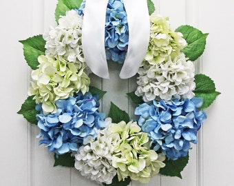Blue Green White Hydrangea Wreath, Hydrangea Wreath, Spring Wreath, Summer Wreath, Wreath for Front Door, Floral Wreath, Spring Decor