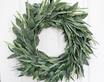 Eucalyptus and Greenery Wreath for Front Door, Year Round Wreath, Modern Farmhouse Wreath, Every Day Minimalist Wreath, Handmade Gift Wreath