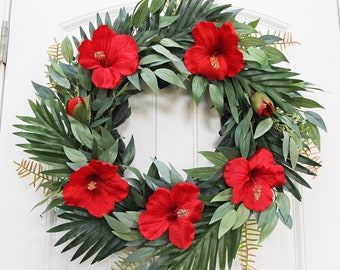 Tropical Wreath, Red Hibiscus Tropical Wreath, Hibiscus Wreath, Red Flower Wreath, Summer Wreath, Tropical Decor, Beach Decor, Spring Wreath
