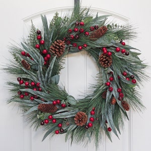 Eucalyptus Evergreen Wreath with Red Berries and Pinecones, Winter Pine Wreath for Front Door, Christmas Wreath, Farmhouse Holiday Wreath