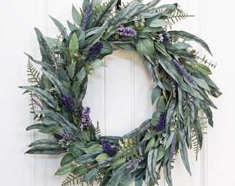 Eucalyptus and Lavender Wreath, Year Round Wreath for Front Door, Modern Farmhouse Wreath, Handmade Purple Flower Wreath, Wall Decor Gift