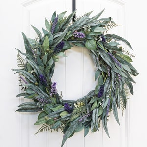 Eucalyptus and Lavender Wreath, Year Round Wreath for Front Door, Modern Farmhouse Wreath, Handmade Purple Flower Wreath, Wall Decor Gift