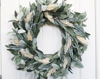 Eucalyptus Lamb’s Ear Pampas Grass Wreath for Front Door, Year Round Modern Wreath, Every Day All Season Wreath Gift, Spring Summer Décor