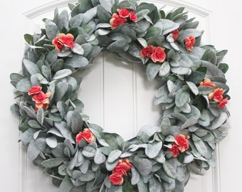 Lamb's Ear Wreath with Mini Peach Roses, Modern Farmhouse Wreath, Lamb's Ear Wreath for Front Door, Lamb's Ear Wreath with Peach Flowers