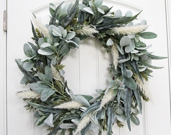 Summer to Fall Greenery Pampas Grass Wreath for Front Door, Modern Farmhouse Wreath with Eucalyptus Lamb's Ear Ruscus, Neutral Fall Wreath