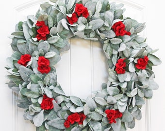 Lamb's Ear with Mini Red Roses Wreath, Modern Farmhouse Wreath, Lamb's Ear Wreath for Front Door, Lamb's Ear Wreath with Red Flowers