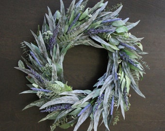 Eucalyptus Blue Lavender and Berries Wreath, Year Round Wreath for Front Door, Blue Flower Wreath, Modern Wreath Contemporary, Handmade Gift