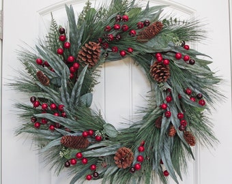 Eucalyptus Evergreen Wreath with Red Berries and Pinecones, Winter Pine Wreath for Front Door, Christmas Wreath, Farmhouse Holiday Wreath