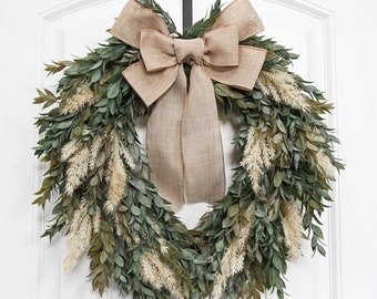 Pampas Grass and Ruscus Wreath, Fall Wreath for Front Door, Modern Farmhouse Wreath, Neutral Every Day Wreath, Handmade Pampas Wreath Gift