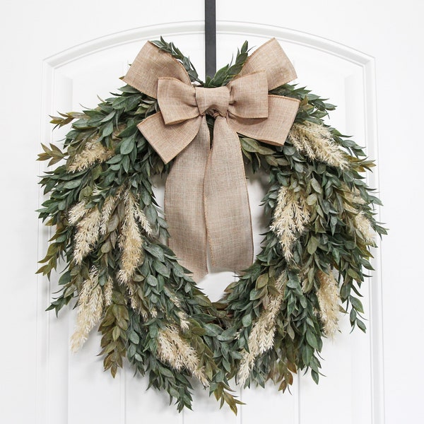 Pampas Grass and Ruscus Wreath, Fall Wreath for Front Door, Modern Farmhouse Wreath, Neutral Every Day Wreath, Handmade Pampas Wreath Gift