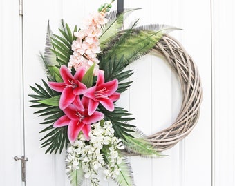 Tropical Wreath for Front Door, Pink Tiger Lily Crescent Wreath, Floral Palm Wreath, Beach Wreath, Summer Wreath, Hawaiian Tropical Wreath