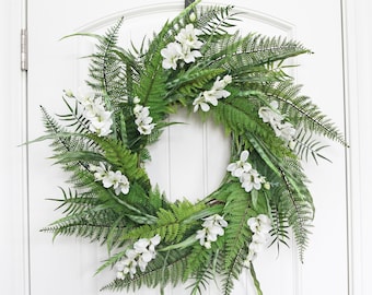 Fern Wreath with White Flowers for Front Door, Modern Farmhouse Wreath, Spring Wreath, Summer Wreath, Neutral Every Day Wreath Gift