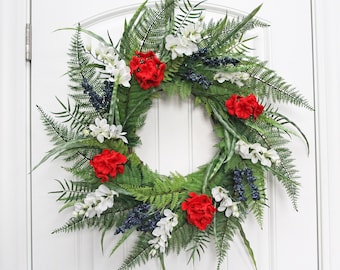 Red White and Blue Patriotic Wreath, Unique 4th of July Wreath for Front Door, Modern Fern and Flower Wreath, Summer Farmhouse Wreath Gift