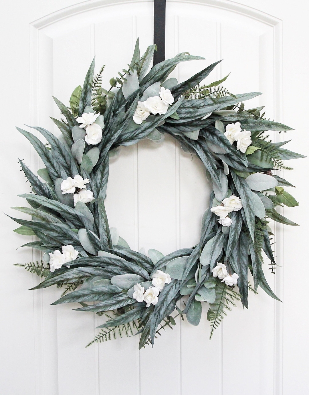 Eucalyptus and Lamb's Ear Wreath With Mini White Roses, Year Round ...