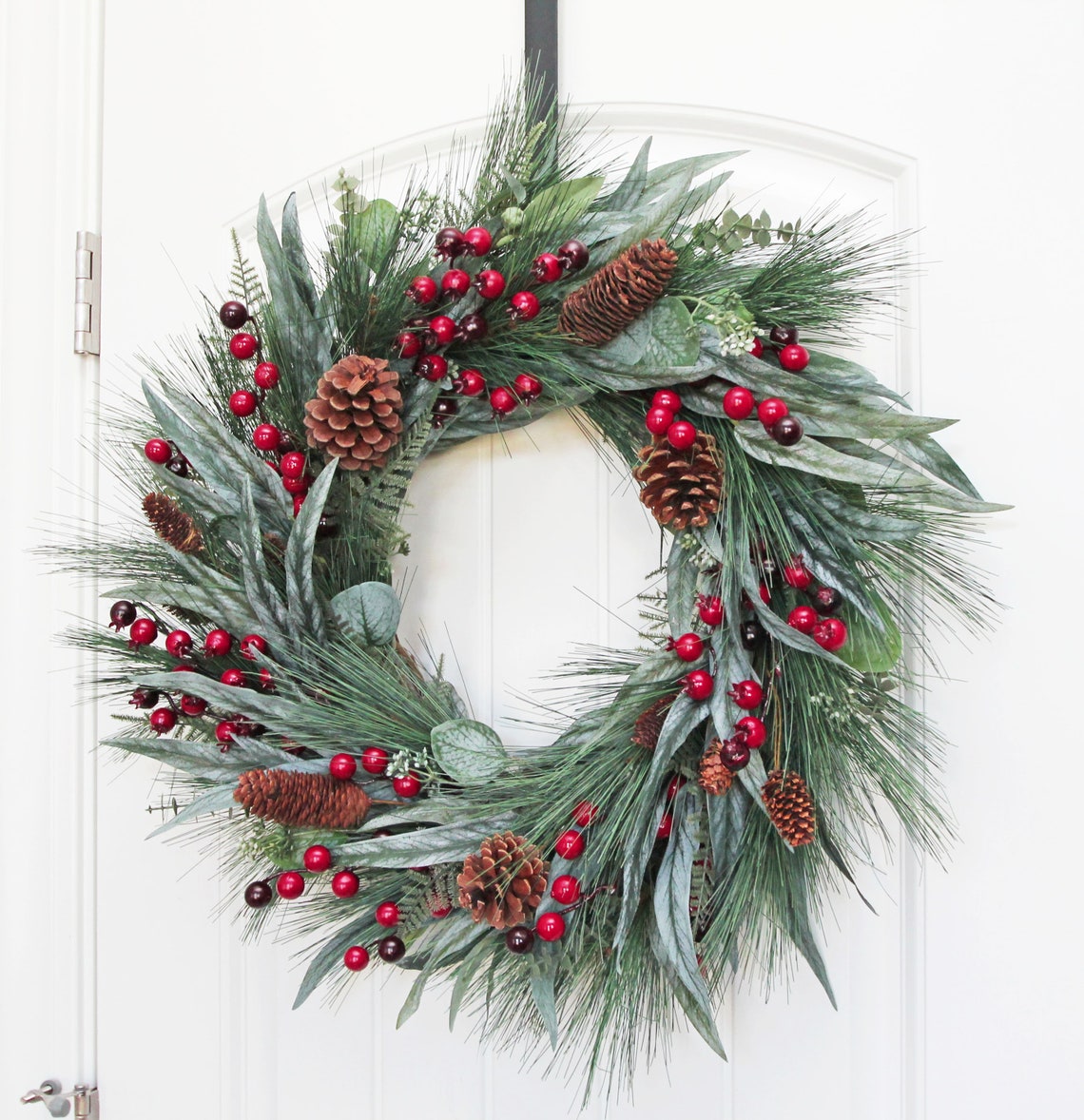 Eucalyptus Evergreen Wreath With Red Berries and Pinecones Etsy