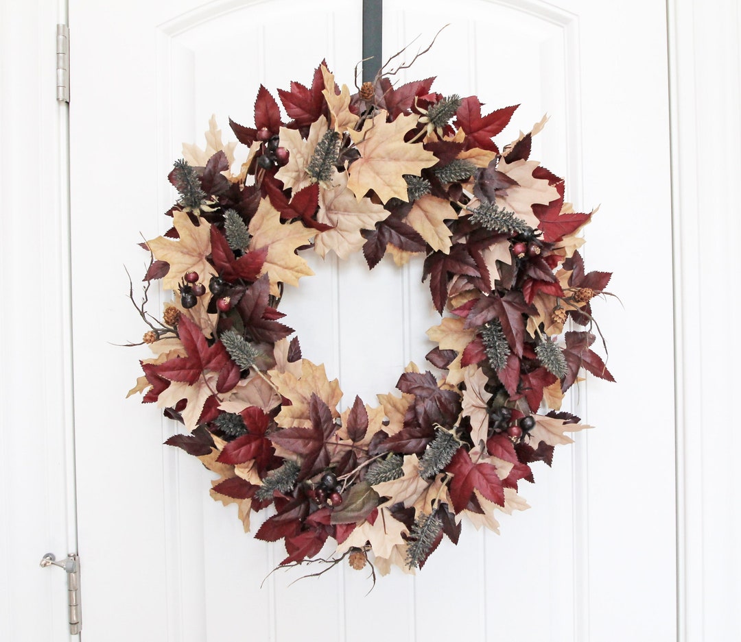 Burgundy and Beige Maple Leaves and Pinecone Fall Wreath for Front Door ...