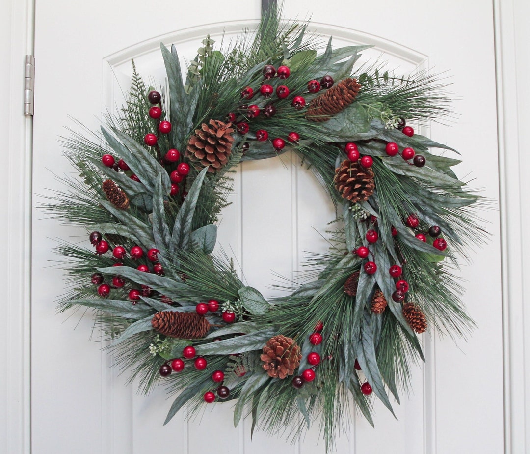 Eucalyptus Evergreen Wreath With Red Berries and Pinecones, Winter Pine ...
