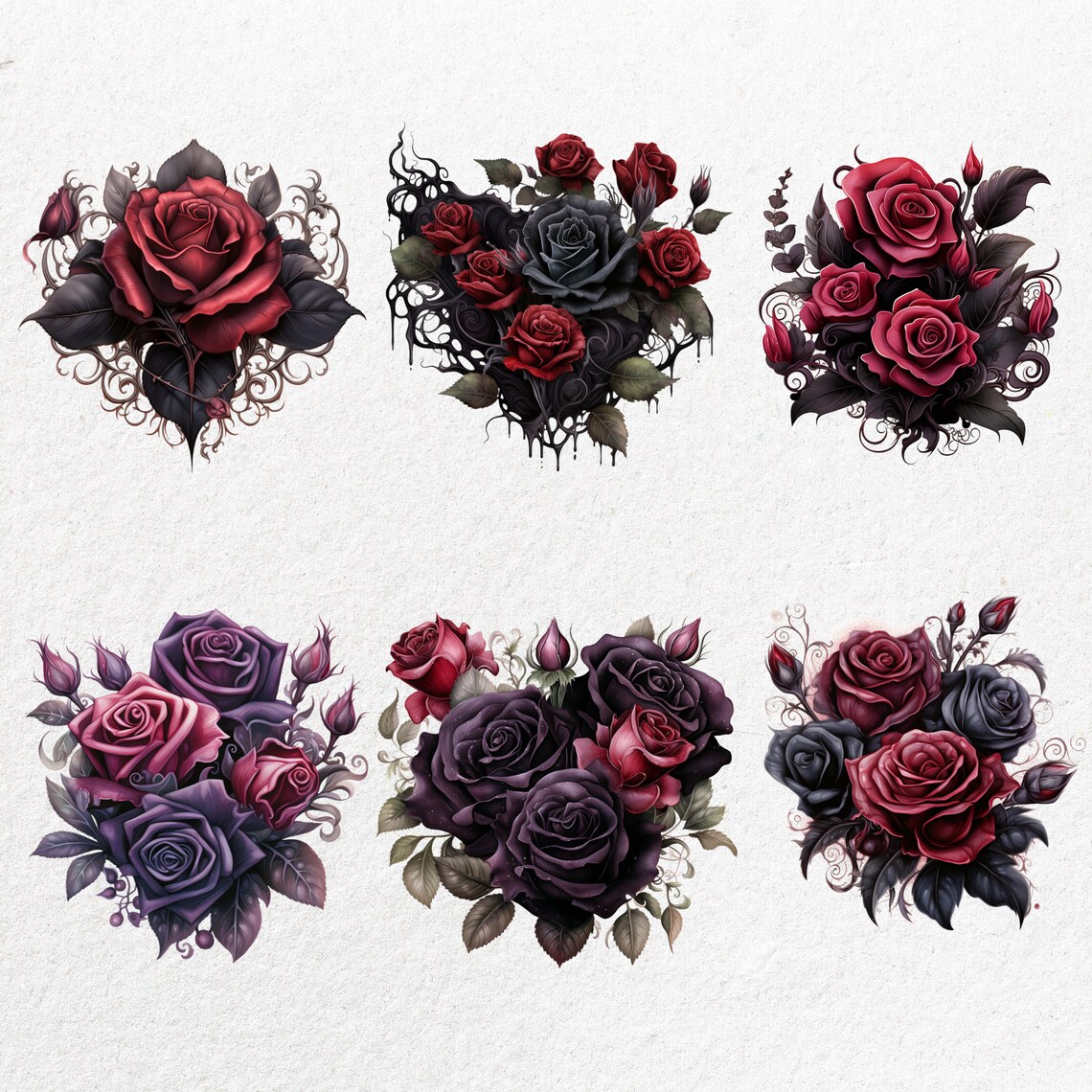 Gothic Roses Watercolor Illustration Cliparts, PNG Instant Download ...