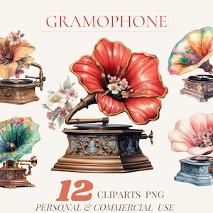 Clipart aquarelle gramophone, illustration aquarelle vintage, téléchargement immédiat PNG pour usage personnel et commercial, 63B