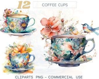 COFFEE CUPS Spring Flowers illustration, Watercolour Clip-arts, PNG Instant Download Commercial Use, 37B