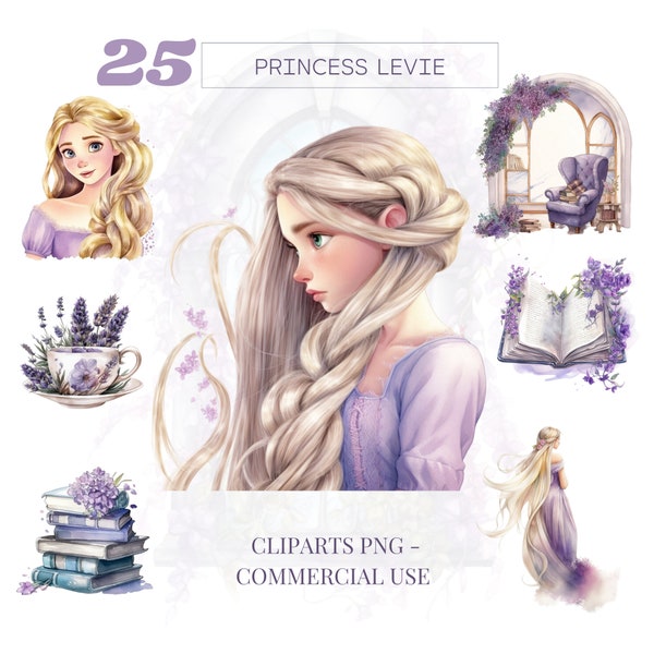 Princess Levie Watercolour set clipart, bookshelf, open book, fantasy tower, aesthetic, png Instant Download, Commercial Use, 45B