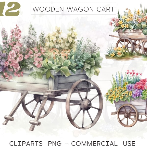 Garden Wooden Wagon, Spring Flowers, Cart illustration, Watercolour Clip-arts, PNG Instant Download Commercial Use, 38B