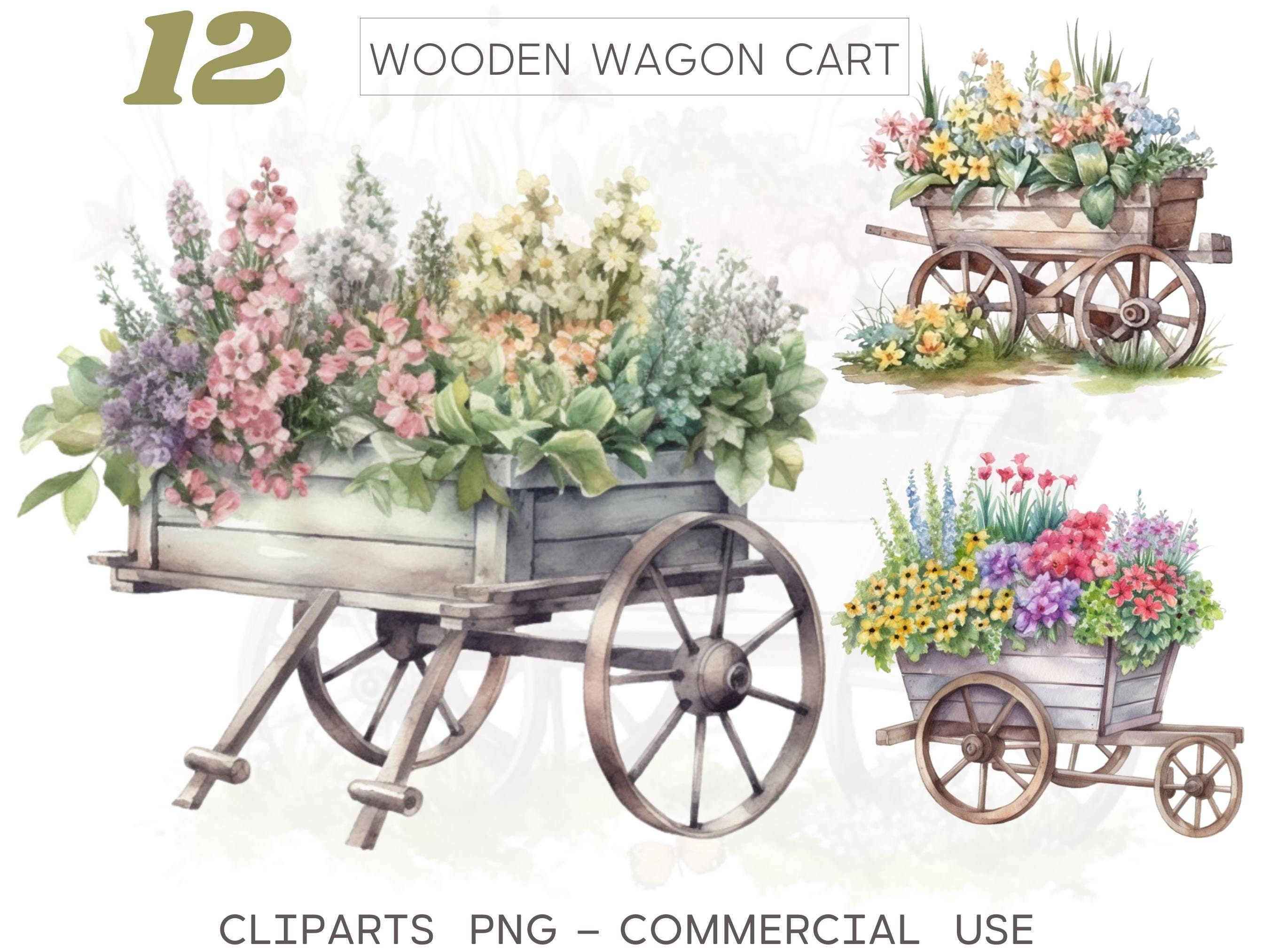 Garden Wooden Wagon Spring Flowers Cart Illustration Etsy