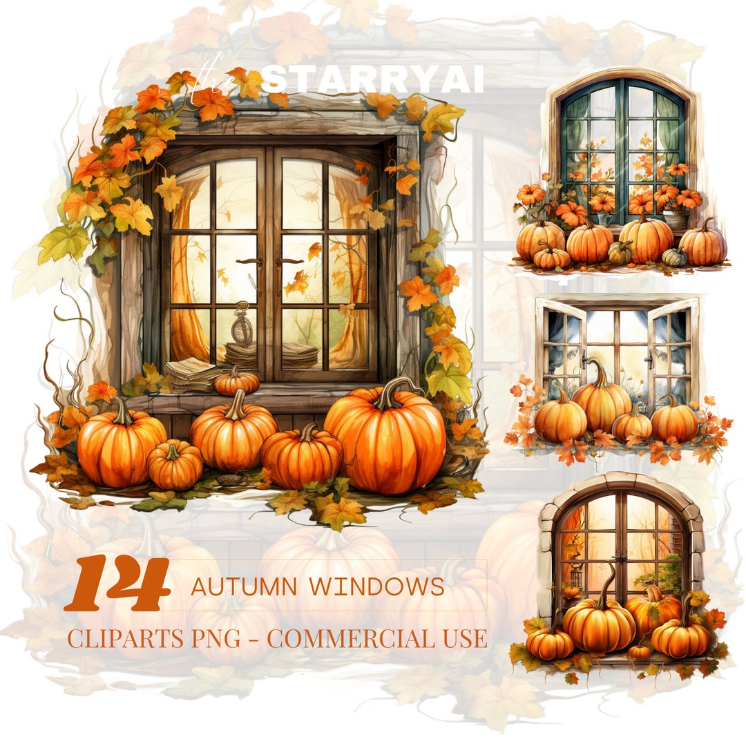 Fall Window Print Watercolor Autumn Windows Clipart: Pumpkin, Florals (PNG Instant ...