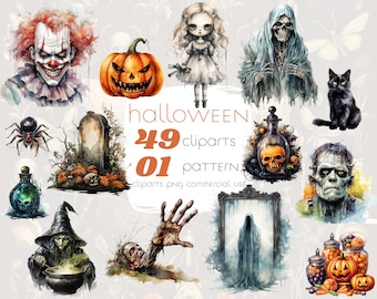 Halloween Cliparts Watercolour, Witch, Zombie, Vampire, Clown, IT, Doll, Skull, Candy, sweets, png Instant Download, Commercial Use 68B
