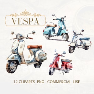 Vespa Acquerello Clipart, Raccolta di illustrazioni Vespa Vintage acquerello, PNG Download immediato Uso commerciale, 51B