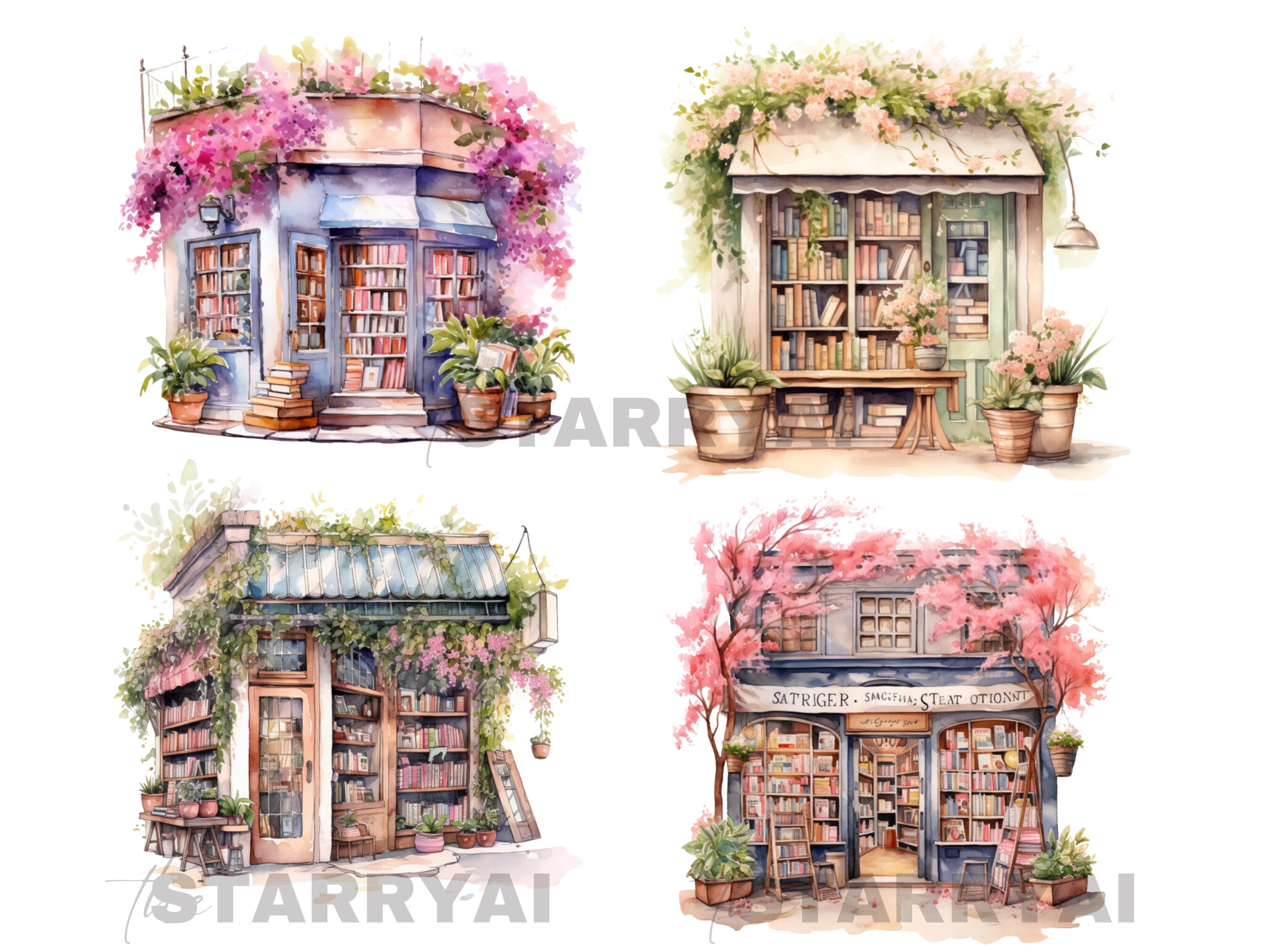 Bookshop Watercolour Clipart, Spring Flowers, Bookstore Illustration ...
