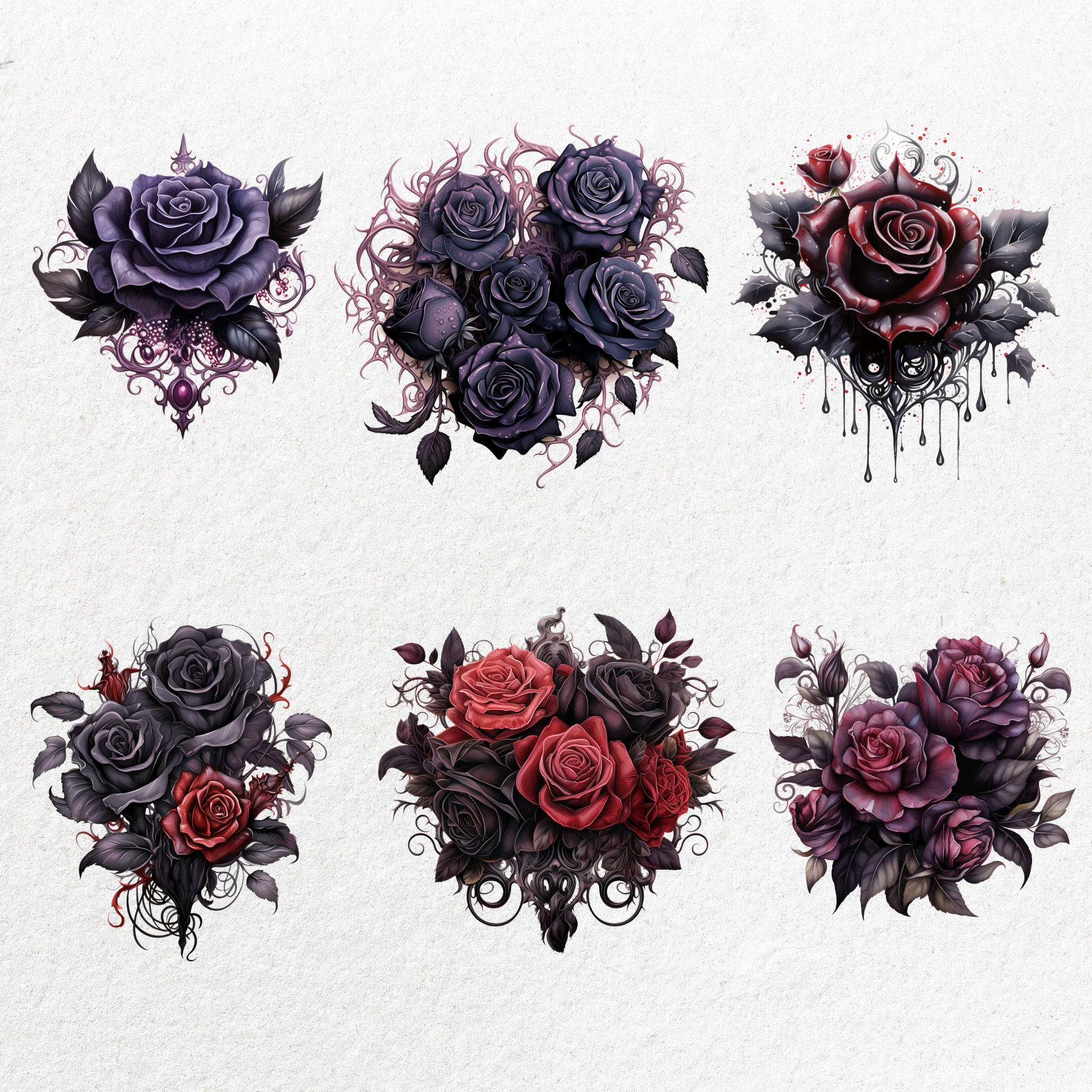 Gothic Roses Watercolor Illustration Cliparts, PNG Instant Download ...