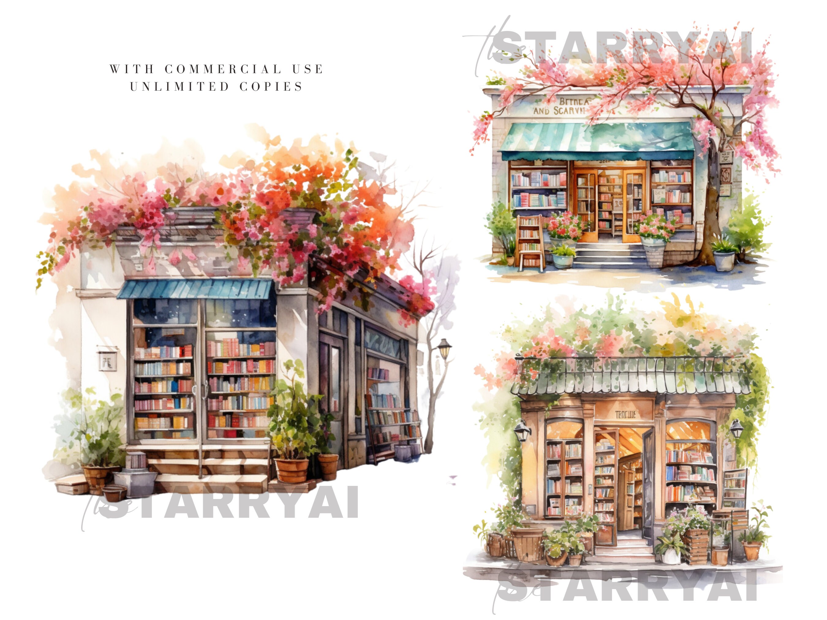 Bookshop Watercolour Clipart, Spring Flowers, Bookstore Illustration ...