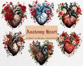 Anatomy Floral Heart, Gothic Watercolor illustration, Cliparts, PNG Instant Download Commercial Use 80B