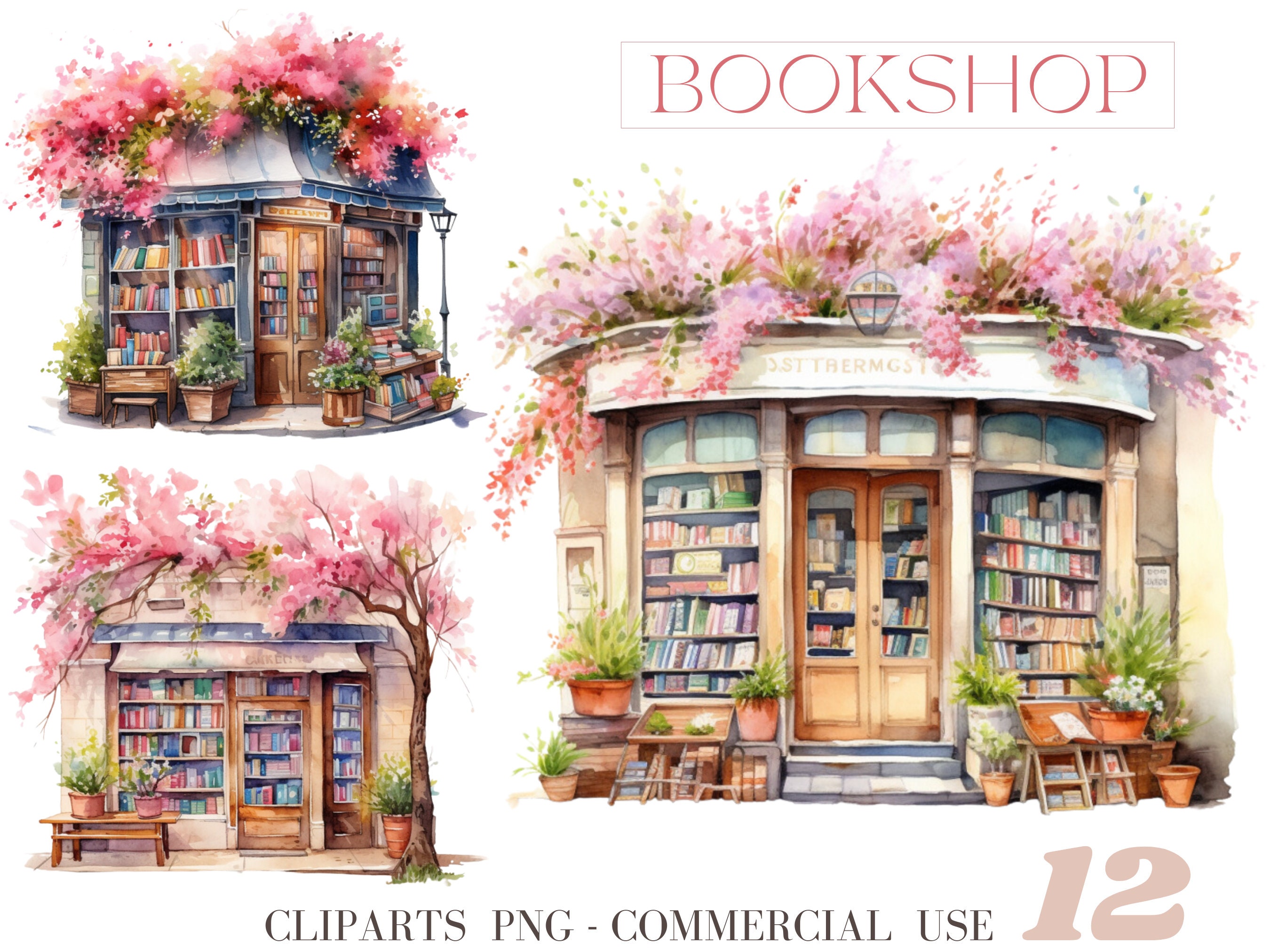 Bookshop Watercolour Clipart, Spring Flowers, Bookstore Illustration ...