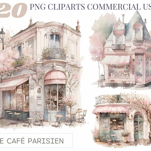 Le Café Parisien Acuarela, Flores de primavera, Cuarzo rosa Clipart, ilustración, cafetería paris png Descarga instantánea, Uso comercial, 23B