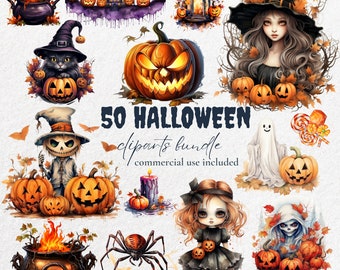Watercolor Halloween 50 Clipart, Witch, Banner, Candy,Spider, Bat, Zombie, Jack O Lantern, PNG Graphics Instant Download Commercial Use, 74B