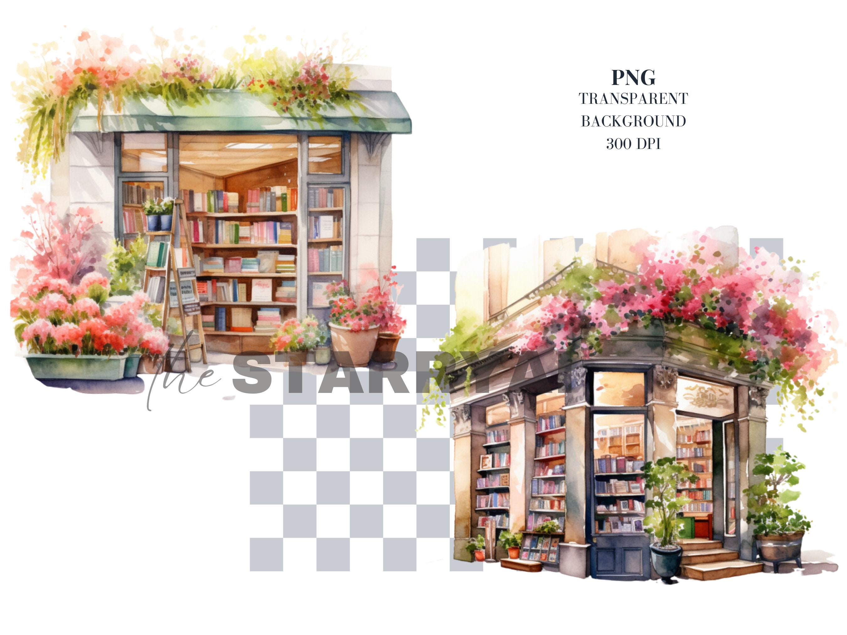 Bookshop Watercolour Clipart, Spring Flowers, Bookstore Illustration ...