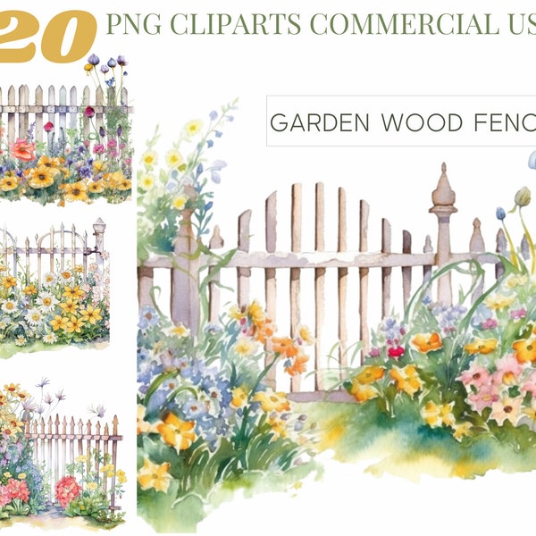Clipart aquarelle de clôtures en bois de jardin, fleurs de printemps, usage commercial png, téléchargement immédiat, 19B