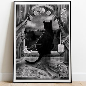 Black cat print. Witch pagan art. Wiccan cat.