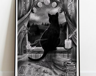 Black cat print. Witch pagan art. Wiccan cat.