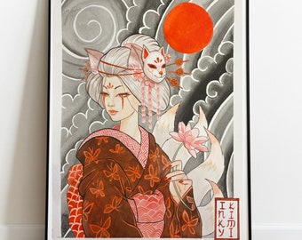 Japanische Fuchs Mädchen Kunst. Kitsune Mädchen Druck. Japanische Wandkunst.