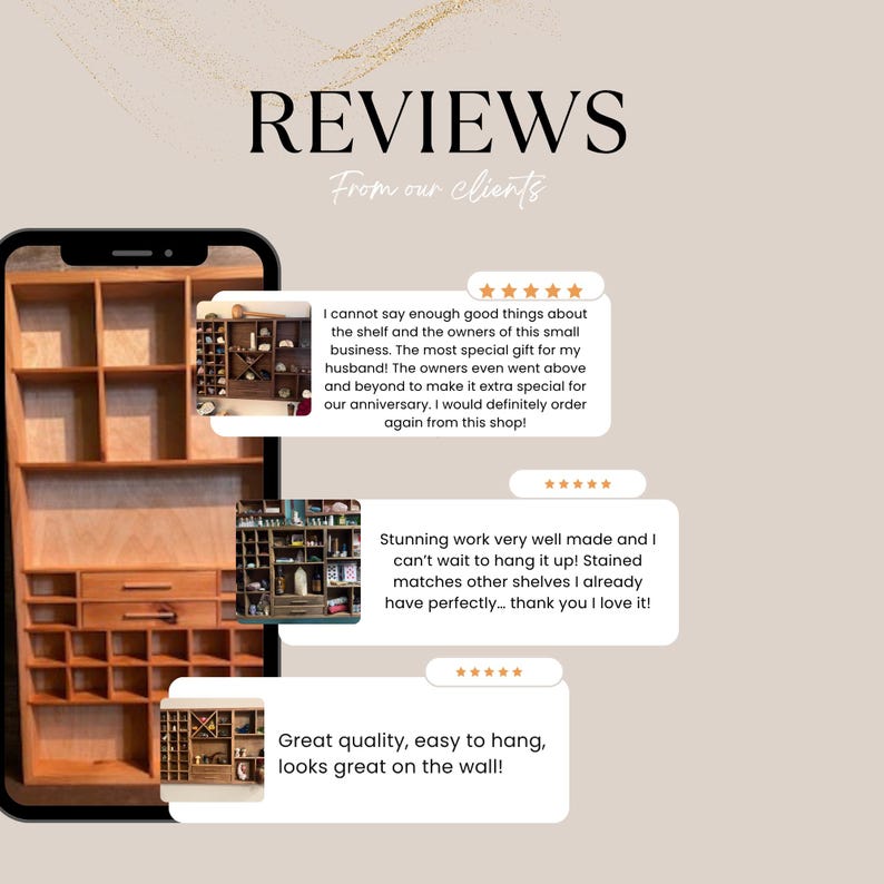 Puede incluir: Un gr&aacute;fico digital que muestra rese&ntilde;as de clientes para un estante de pared de madera. La imagen presenta un marco de tel&eacute;fono inteligente que muestra un estante de madera con m&uacute;ltiples compartimentos y cajones, junto a tres cuadros de texto.